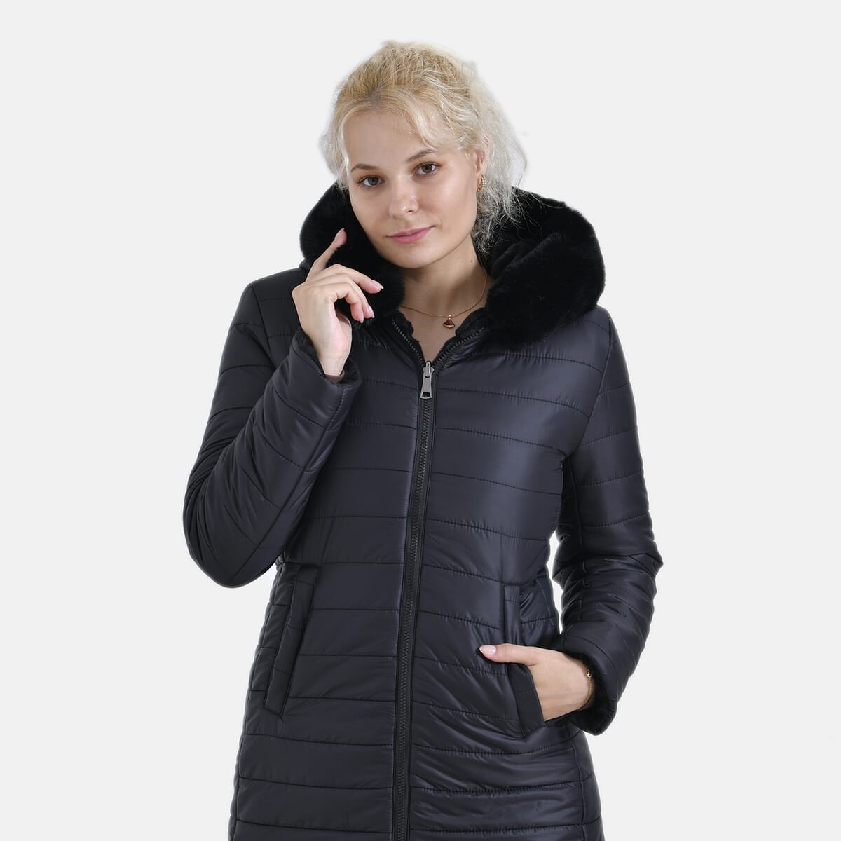 Tamsy Black Reversible Faux Fur and Puffer Jacket with Hood - XXL image number 4
