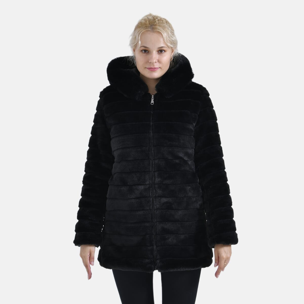 Tamsy Black Reversible Faux Fur and Puffer Jacket with Hood - XXL image number 6