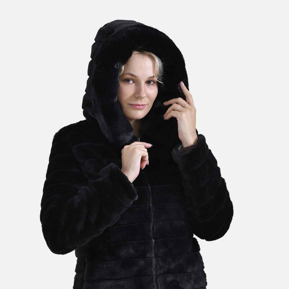 Tamsy Black Reversible Faux Fur and Puffer Jacket with Hood - XXL image number 9