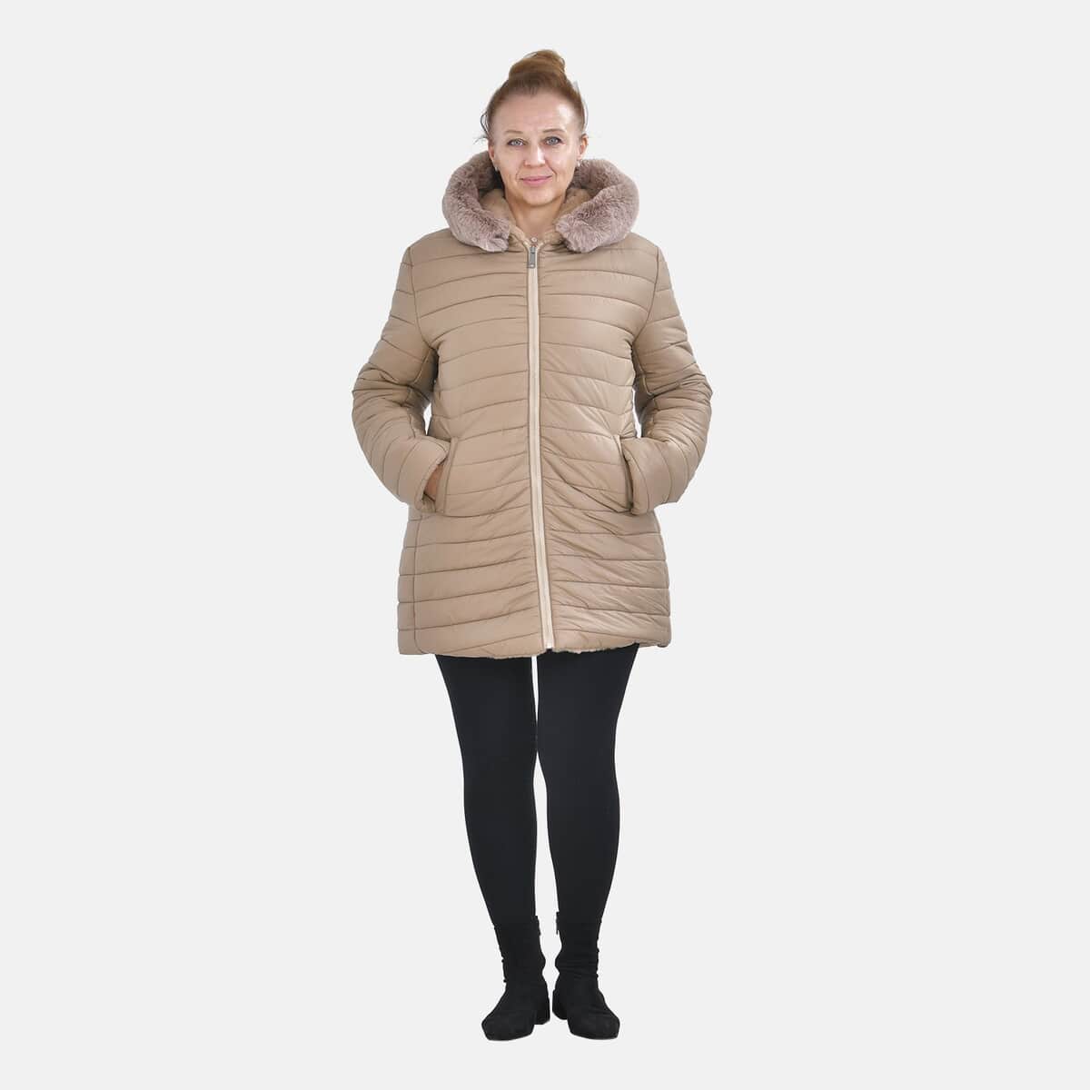 Tamsy Beige Reversible Faux Fur and Puffer Jacket with Hood - M image number 0