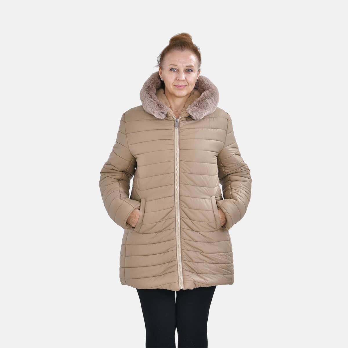 Tamsy Beige Reversible Faux Fur and Puffer Jacket with Hood - M image number 3