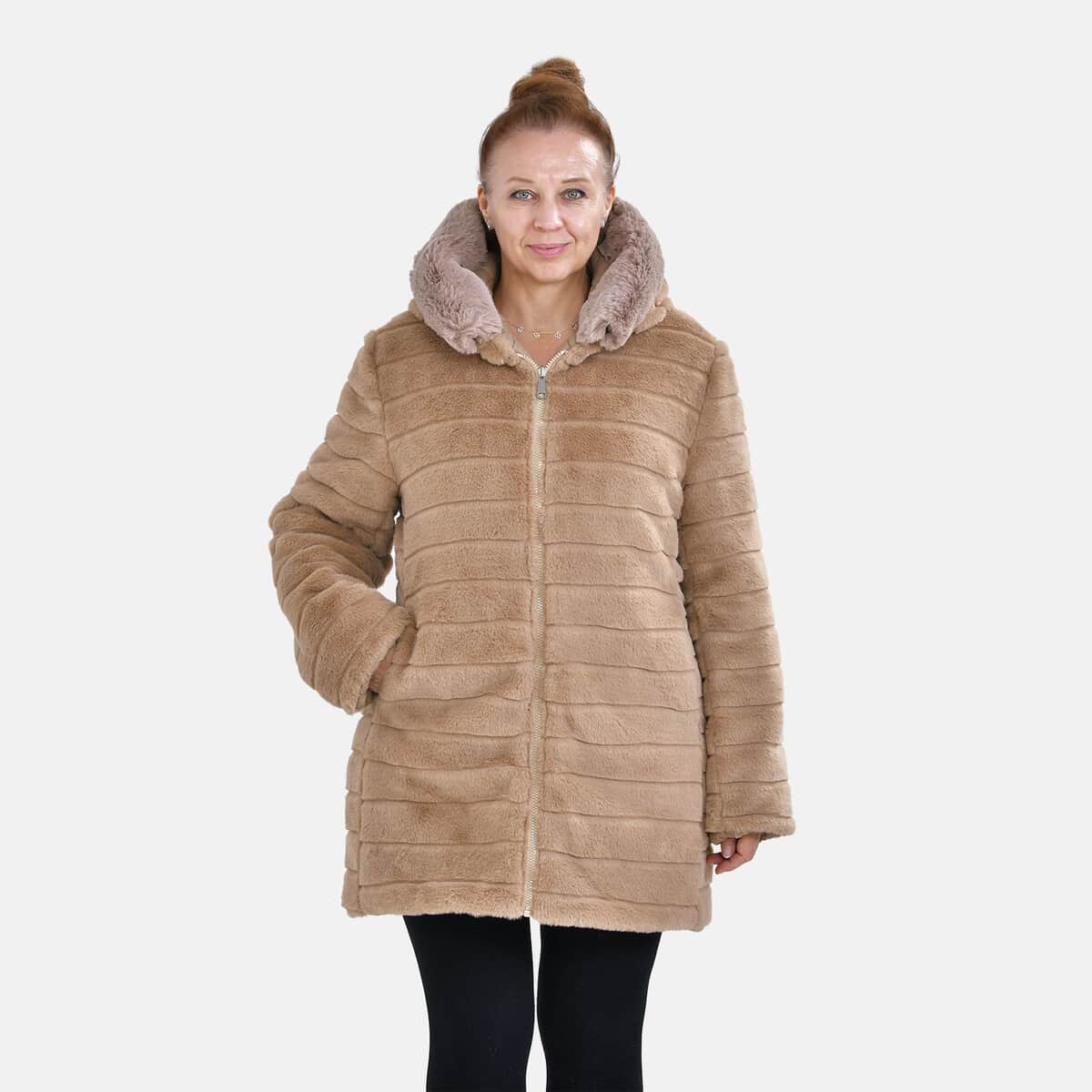 Tamsy Beige Reversible Faux Fur and Puffer Jacket with Hood - M image number 5
