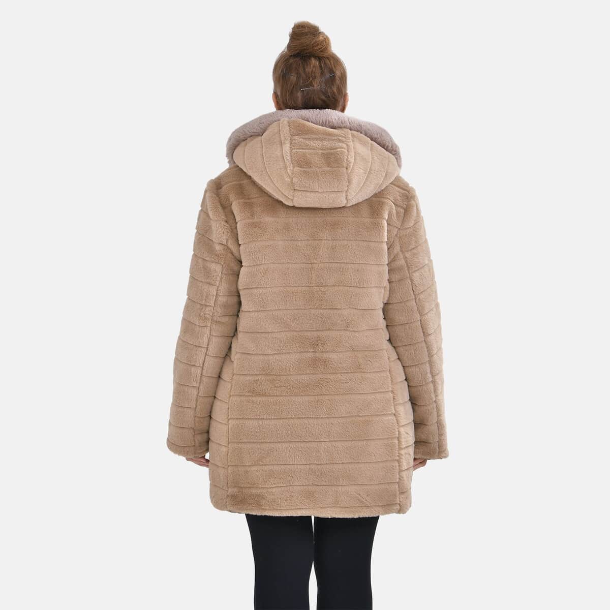 Tamsy Beige Reversible Faux Fur and Puffer Jacket with Hood - M image number 6
