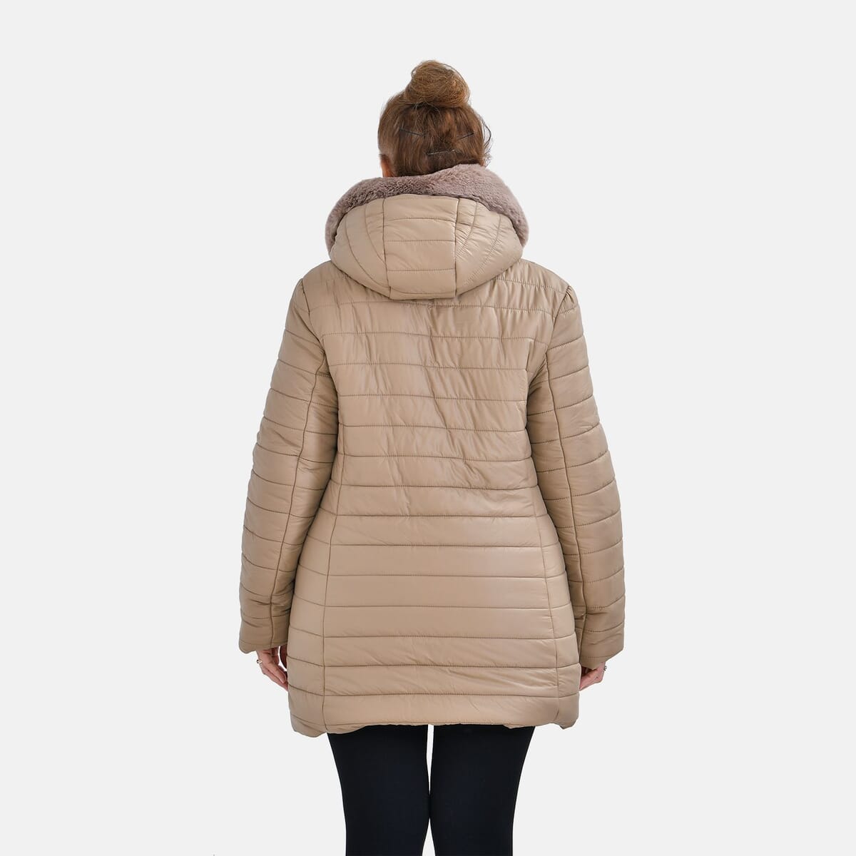Tamsy Beige Reversible Faux Fur and Puffer Jacket with Hood - L image number 1