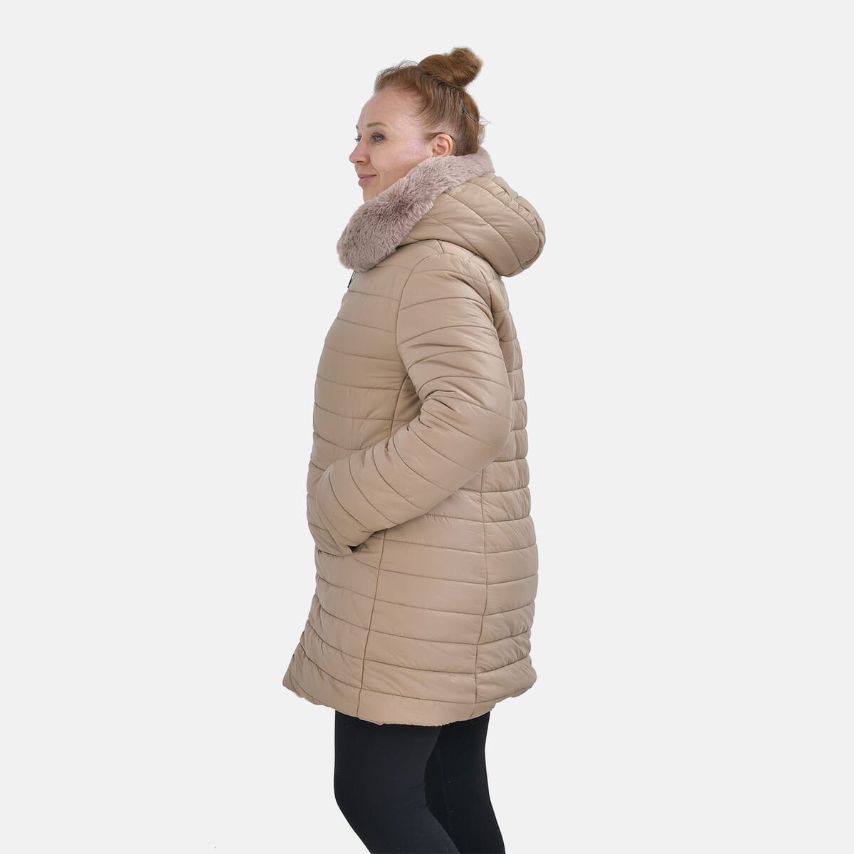 Tamsy Beige Reversible Faux Fur and Puffer Jacket with Hood - L image number 2