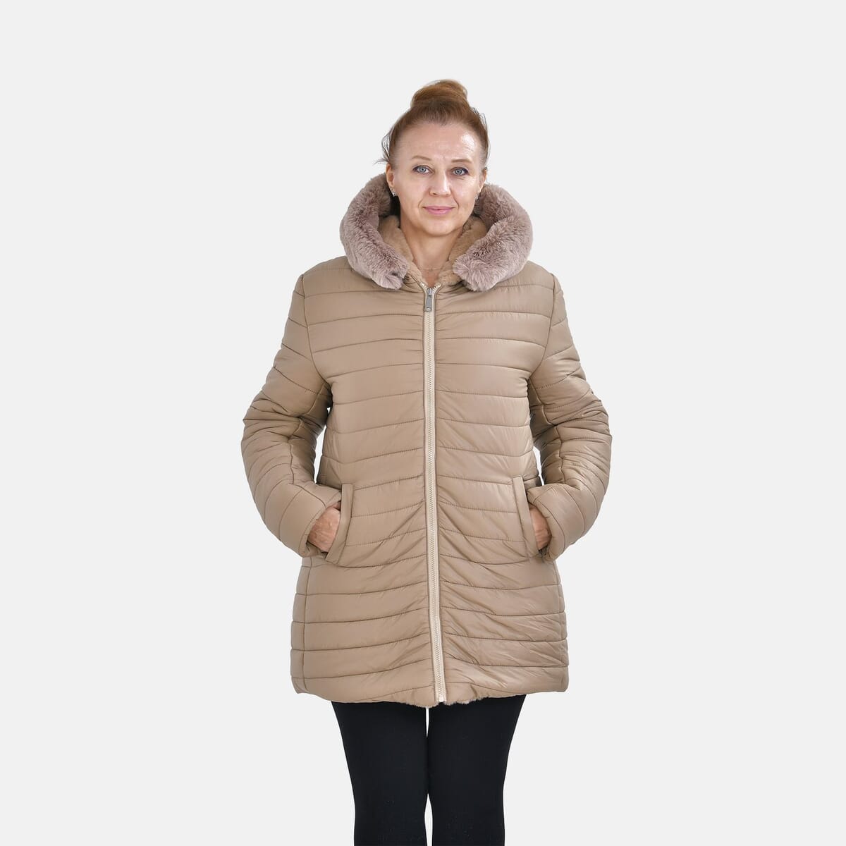 Tamsy Beige Reversible Faux Fur and Puffer Jacket with Hood - L image number 3