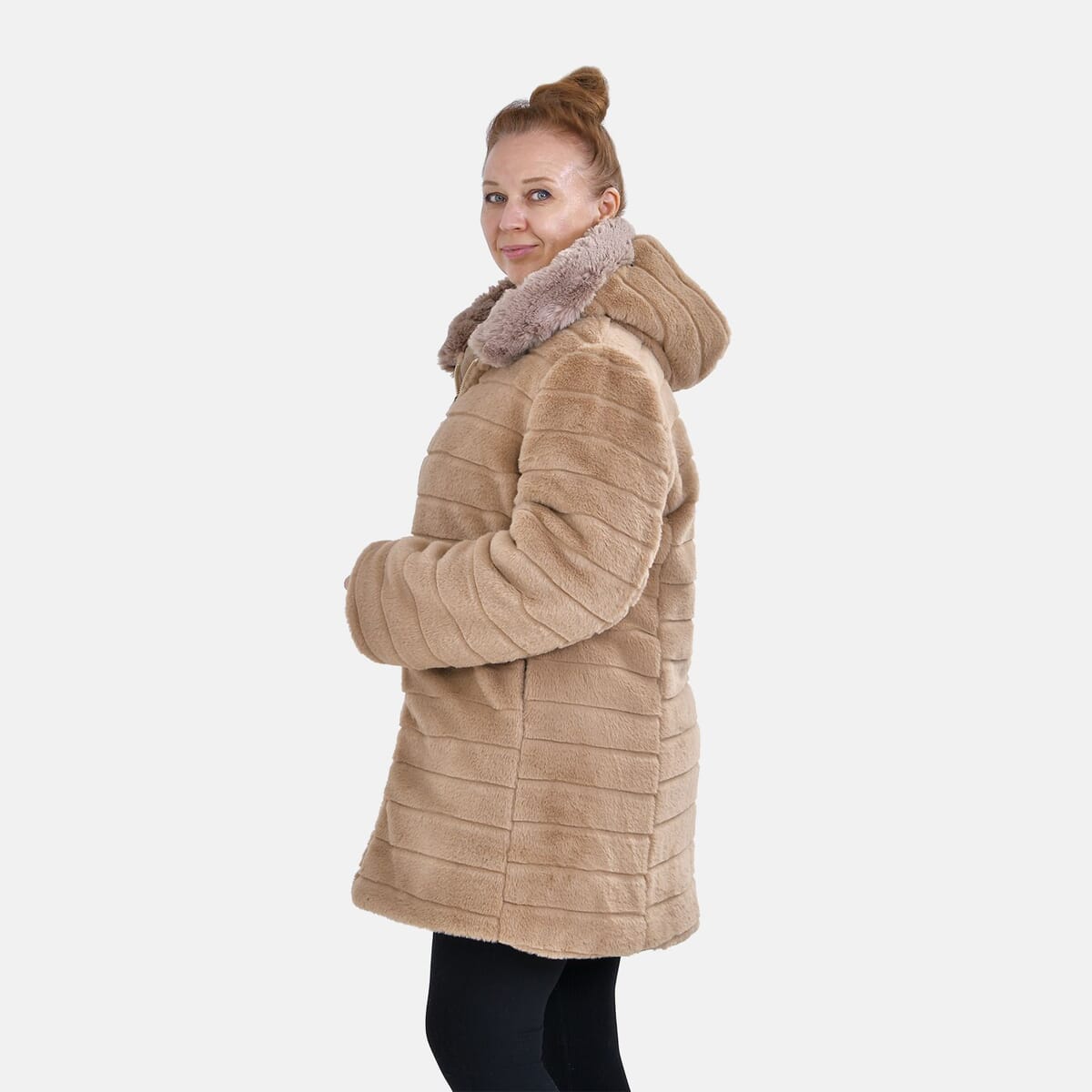 Tamsy Beige Reversible Faux Fur and Puffer Jacket with Hood - L image number 7