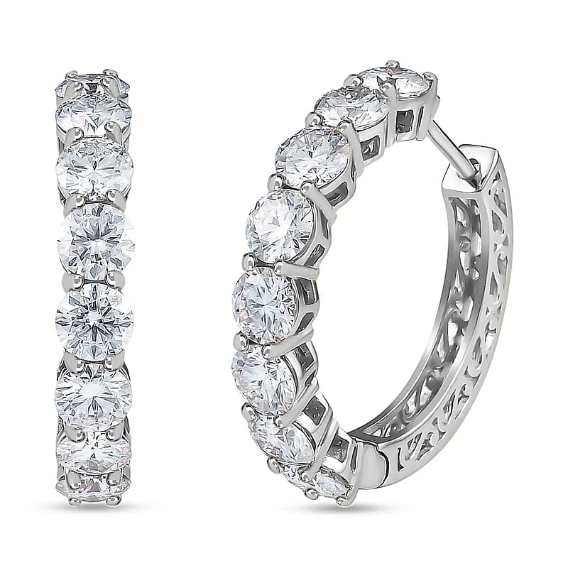 D'Joy White Moissanite 7.60 ctw Classic Hoop Earrings in Rhodium Over Sterling Silver