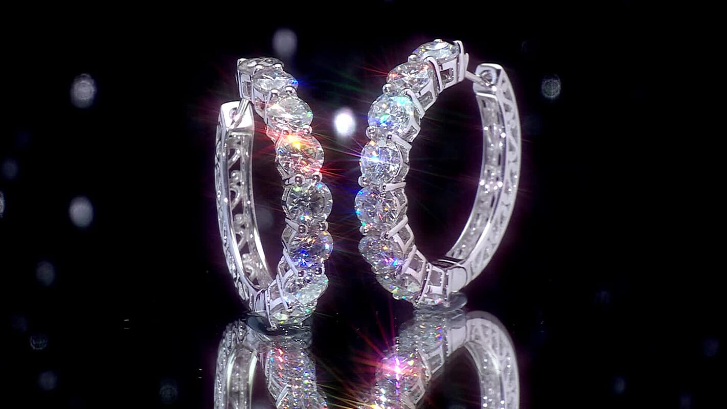 D'Joy White Moissanite (Rnd 5mm) Earrings in Rhodium Over Sterling Silver 7.60 ctw