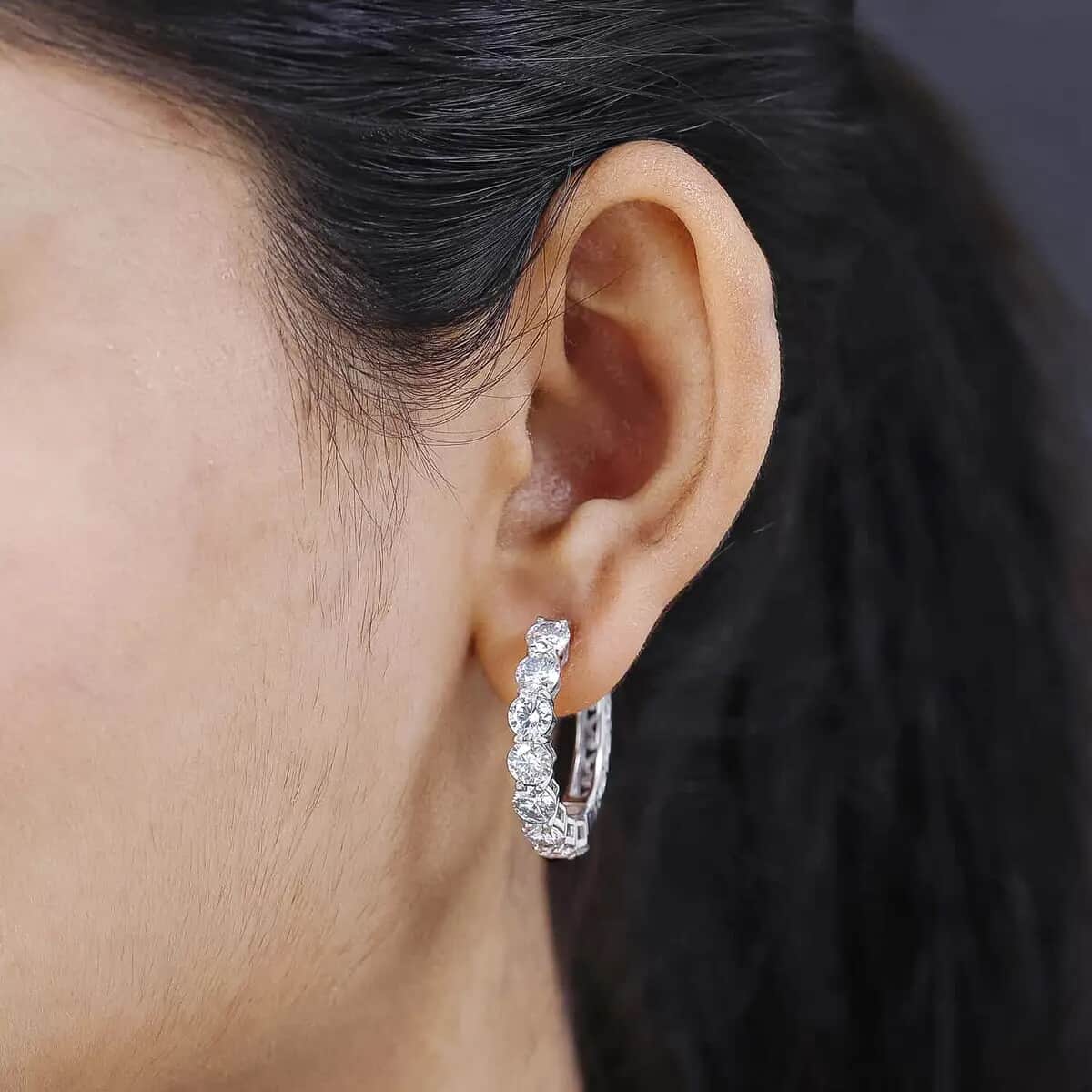 Moissanite Hoop Earrings, Platinum Over Sterling Silver Hoop Earrings, Moissanite Earrings, Moissanite Gift For Her 6.75 ctw image number 5