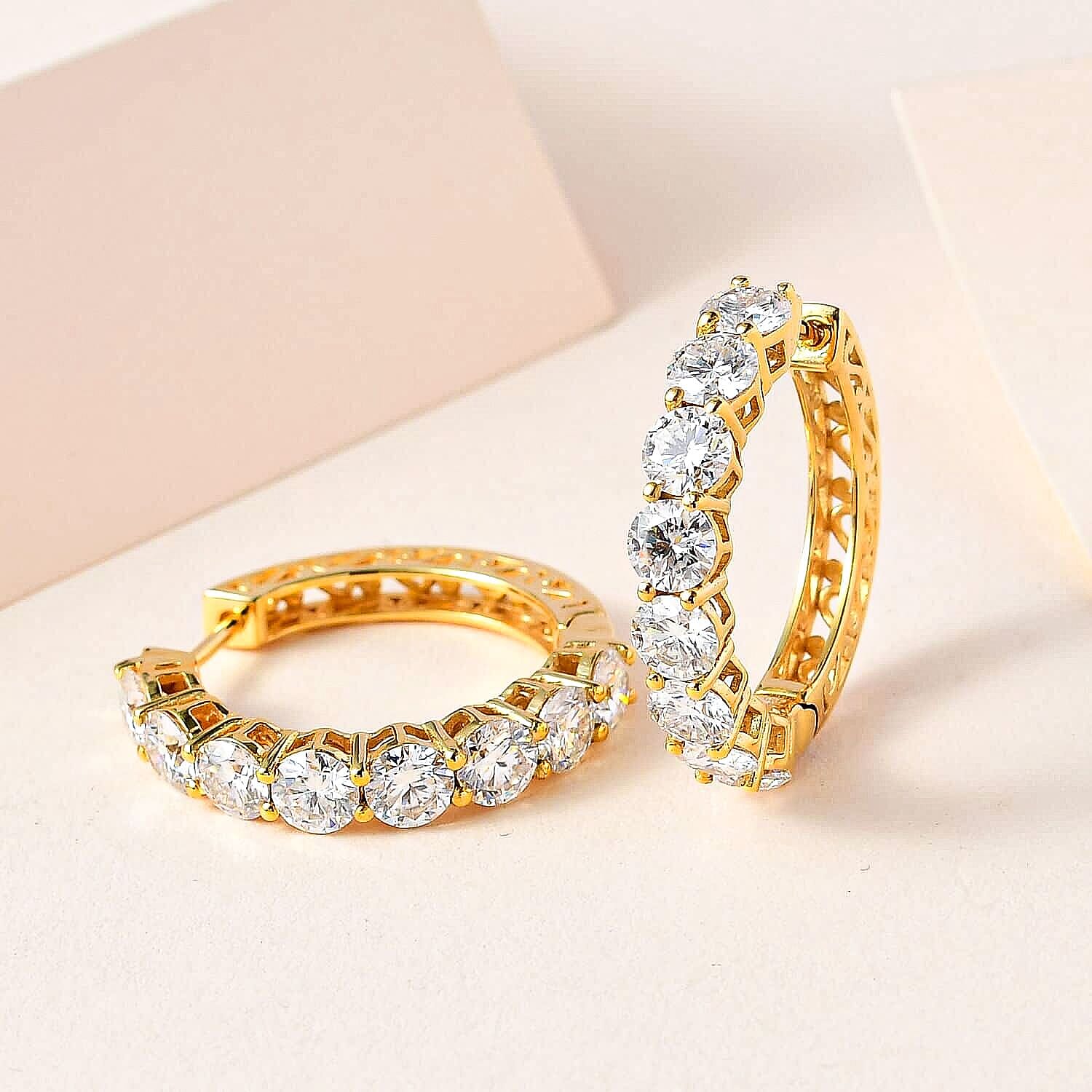  D'Joy White Moissanite 7.60 ctw Classic Hoop Earrings in 18K Vermeil Yellow Gold Over Sterling Silver