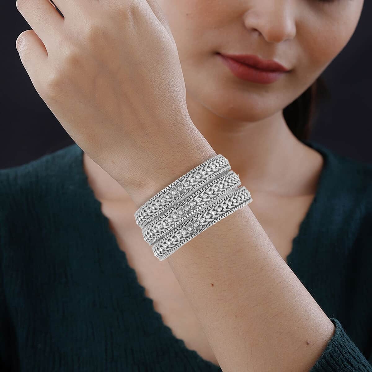 White Austrian Crystal Multi-Row Bracelet (7.50 In) in Silvertone image number 2