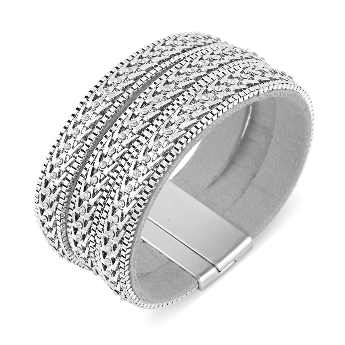 White Austrian Crystal Multi-Row Bracelet (7.50 In) in Silvertone image number 3