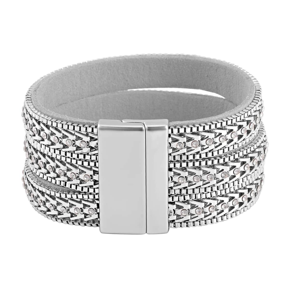 White Austrian Crystal Multi-Row Bracelet (7.50 In) in Silvertone image number 5