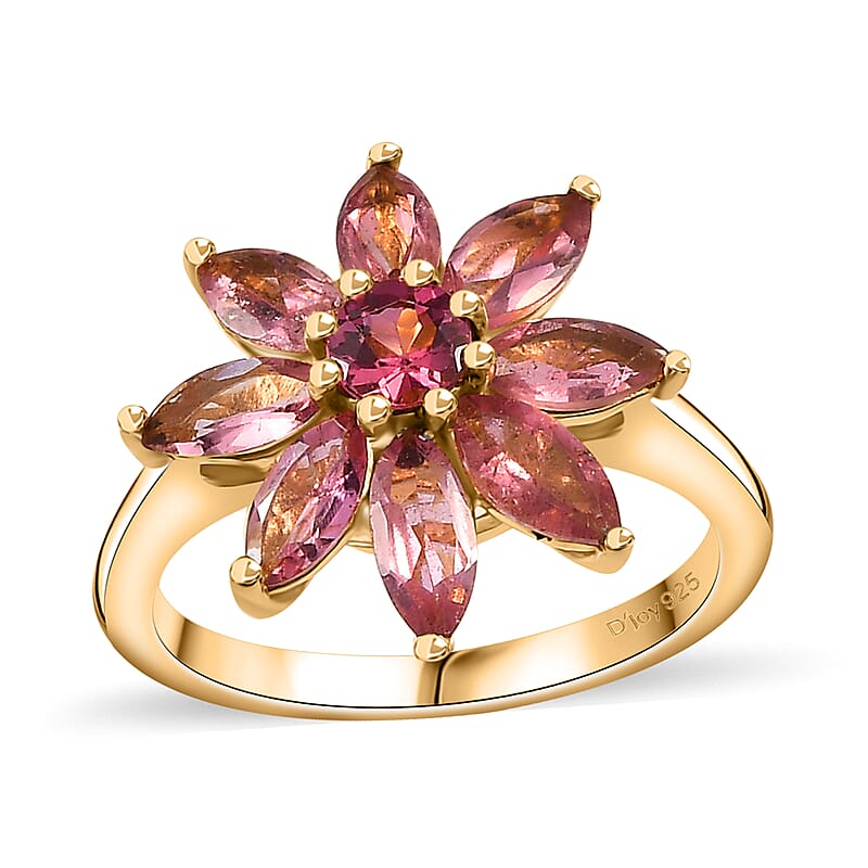 Morro Redondo Pink Tourmaline 2.10 ctw Floral Ring in Vermeil Yellow Gold Over Sterling Silver (Size 6.0) 