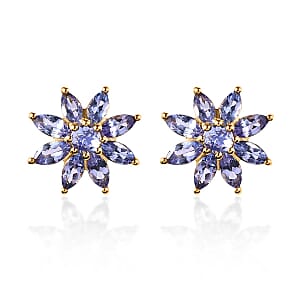 Premium Tanzanite Floral Stud Earrings in Vermeil Yellow Gold Over Sterling Silver 2.60 ctw