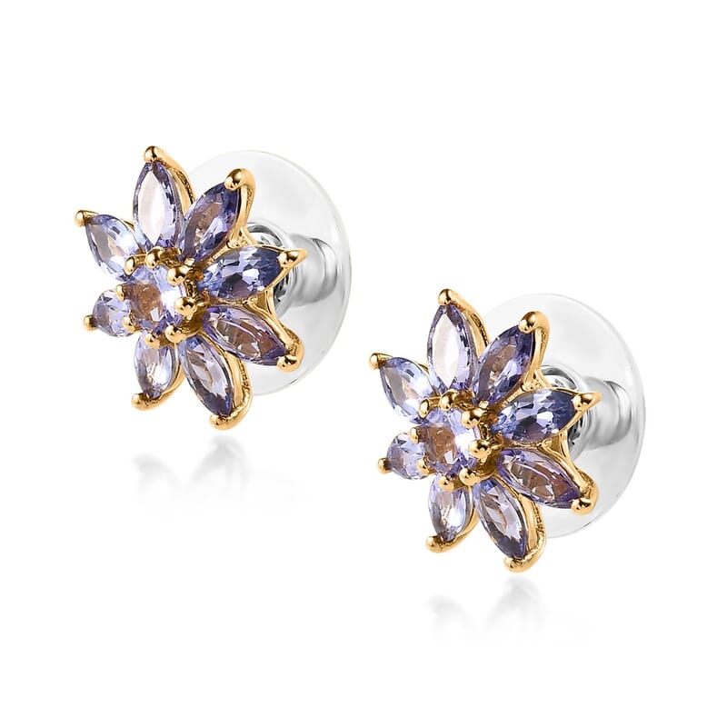 Premium Tanzanite Floral Stud Earrings in Vermeil Yellow Gold Over Sterling Silver 2.60 ctw