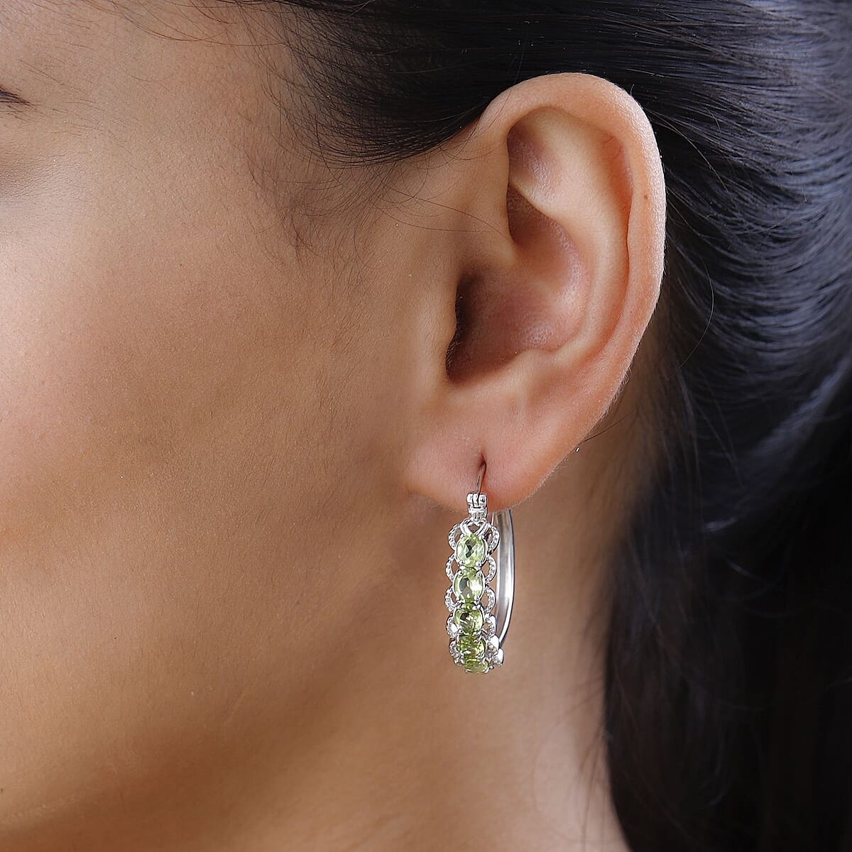 Karis Peridot Hoop Earrings in Platinum Bond 3.25 ctw image number 2
