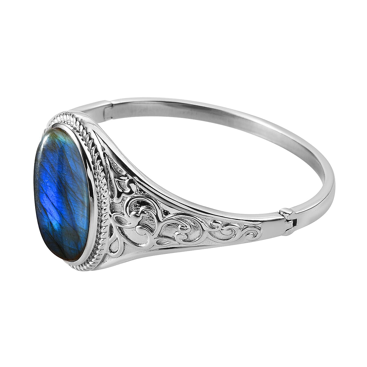 Malagasy Labradorite 33.50 ctw Bangle Bracelet in Stainless Steel (7.25 In) image number 3