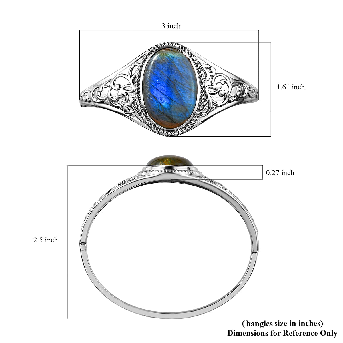 Malagasy Labradorite 33.50 ctw Bangle Bracelet in Stainless Steel (7.25 In) image number 5