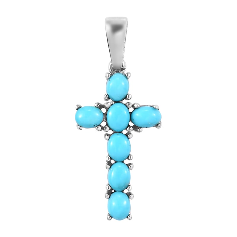 Sleeping Beauty Turquoise Cross Pendant in Stainless Steel 1.15 ctw