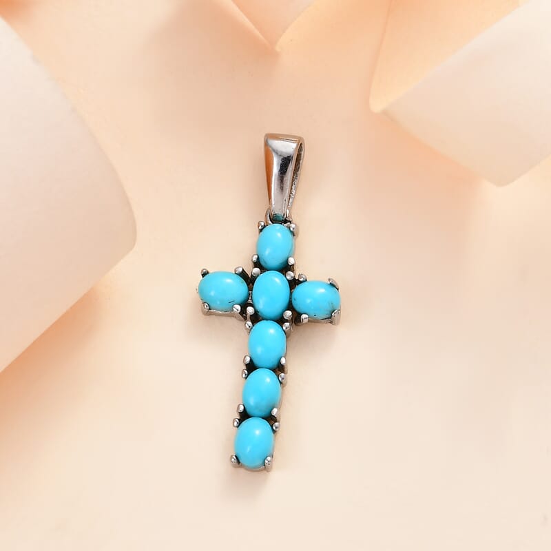Sleeping Beauty Turquoise Cross Pendant in Stainless Steel 1.15 ctw