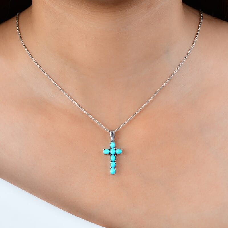 Sleeping Beauty Turquoise Cross Pendant in Stainless Steel 1.15 ctw