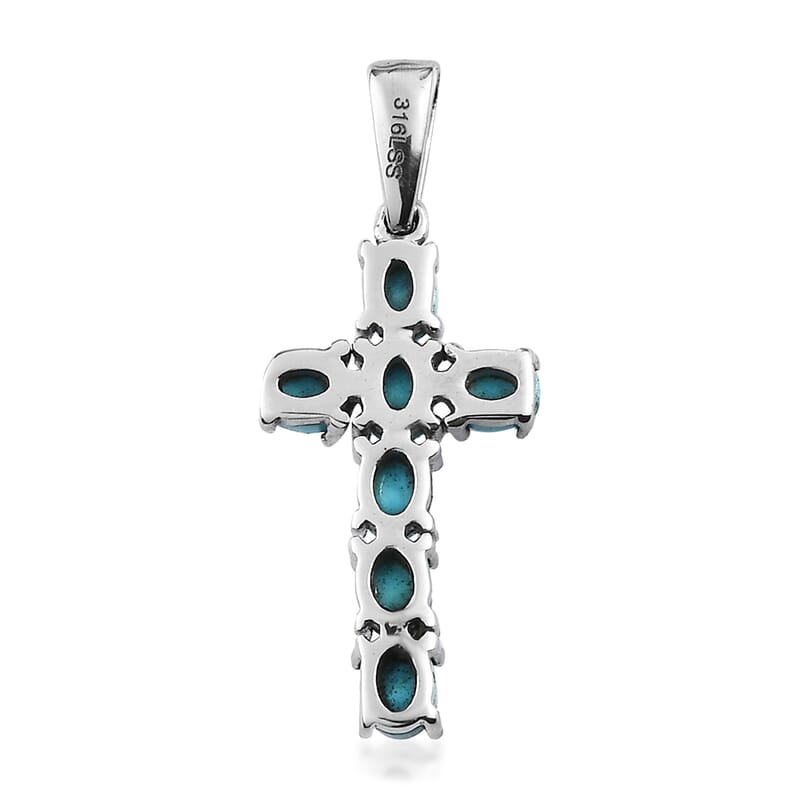 Sleeping Beauty Turquoise Cross Pendant in Stainless Steel 1.15 ctw
