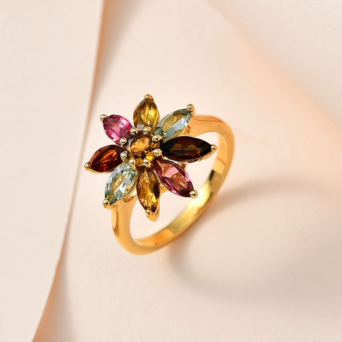 Multi-Tourmaline Floral Ring in Vermeil Yellow Gold Over Sterling Silver (Size 6.0) 2.00 ctw image number 1