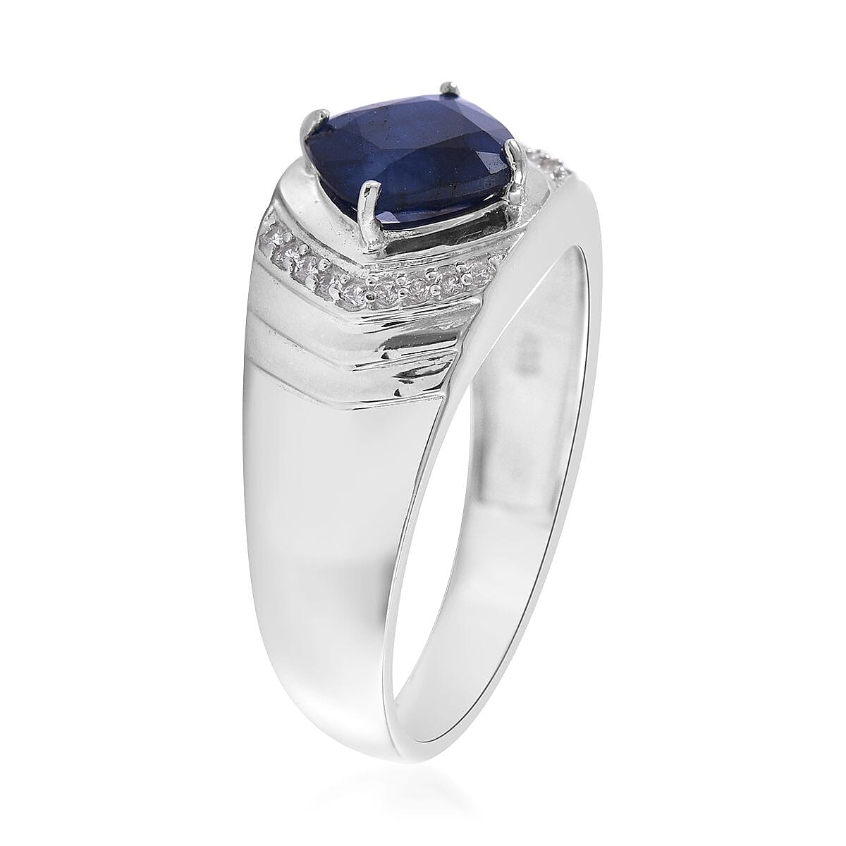 Madagascar Blue Sapphire (DF) and White Zircon Men's Ring in Platinum Over Sterling Silver (Size 10.0) 2.10 ctw image number 2