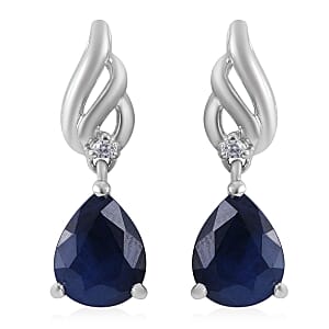Madagascar Blue Sapphire (DF) and White Zircon Drop Earrings in Platinum Over Sterling Silver 4.00 ctw