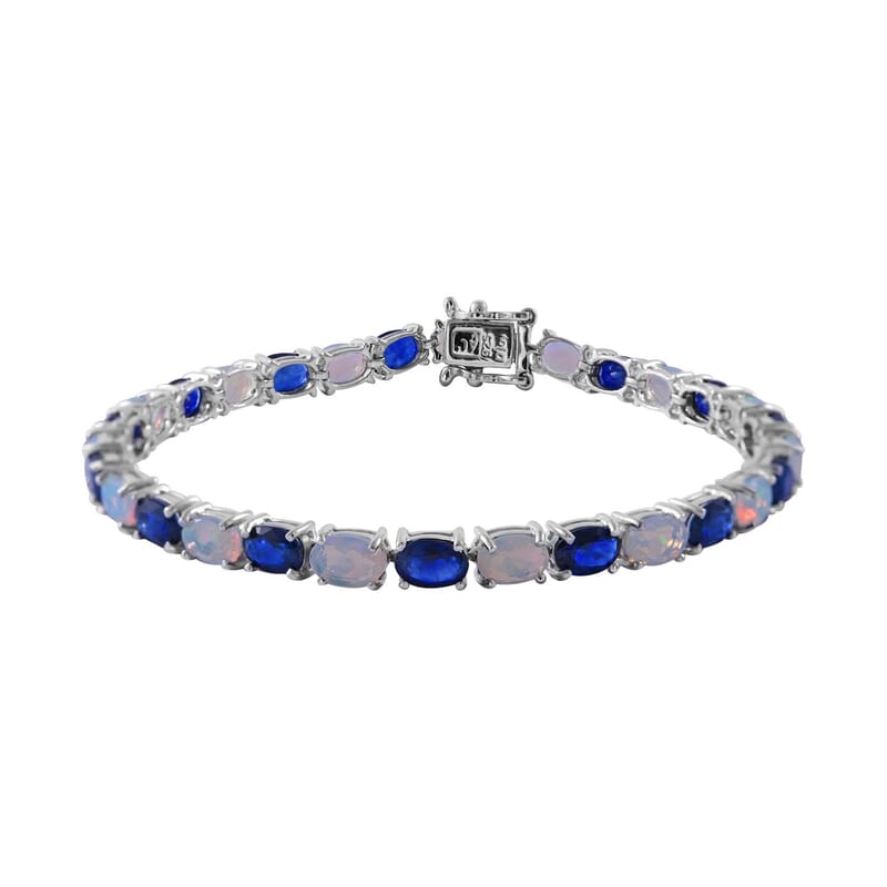Madagascar Blue Sapphire (DF) and Ethiopian Welo Opal Bracelet in Platinum Over Sterling Silver (6.50 In) 10.80 ctw