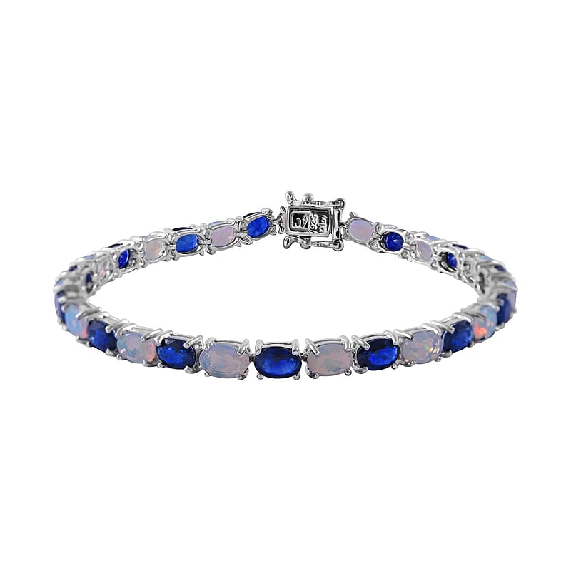 Madagascar Blue Sapphire (DF) and Ethiopian Welo Opal Bracelet in Platinum Over Sterling Silver (6.50 In) 10.80 ctw
