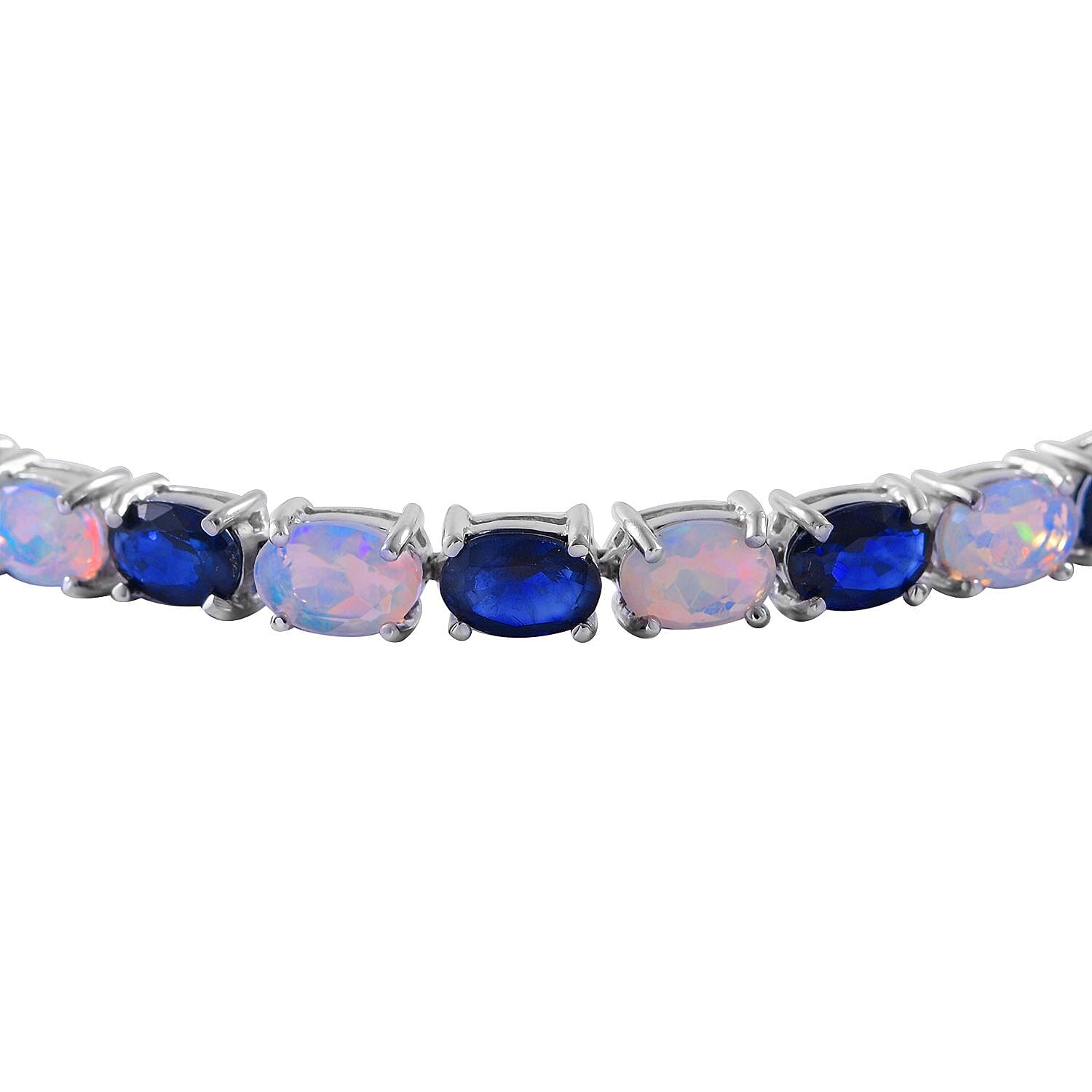 Madagascar Blue Sapphire (DF) and Ethiopian Welo Opal Bracelet in Platinum Over Sterling Silver (6.50 In) 10.80 ctw
