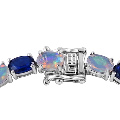 Madagascar Blue Sapphire (DF) and Ethiopian Welo Opal Bracelet in Platinum Over Sterling Silver (6.50 In) 10.80 ctw
