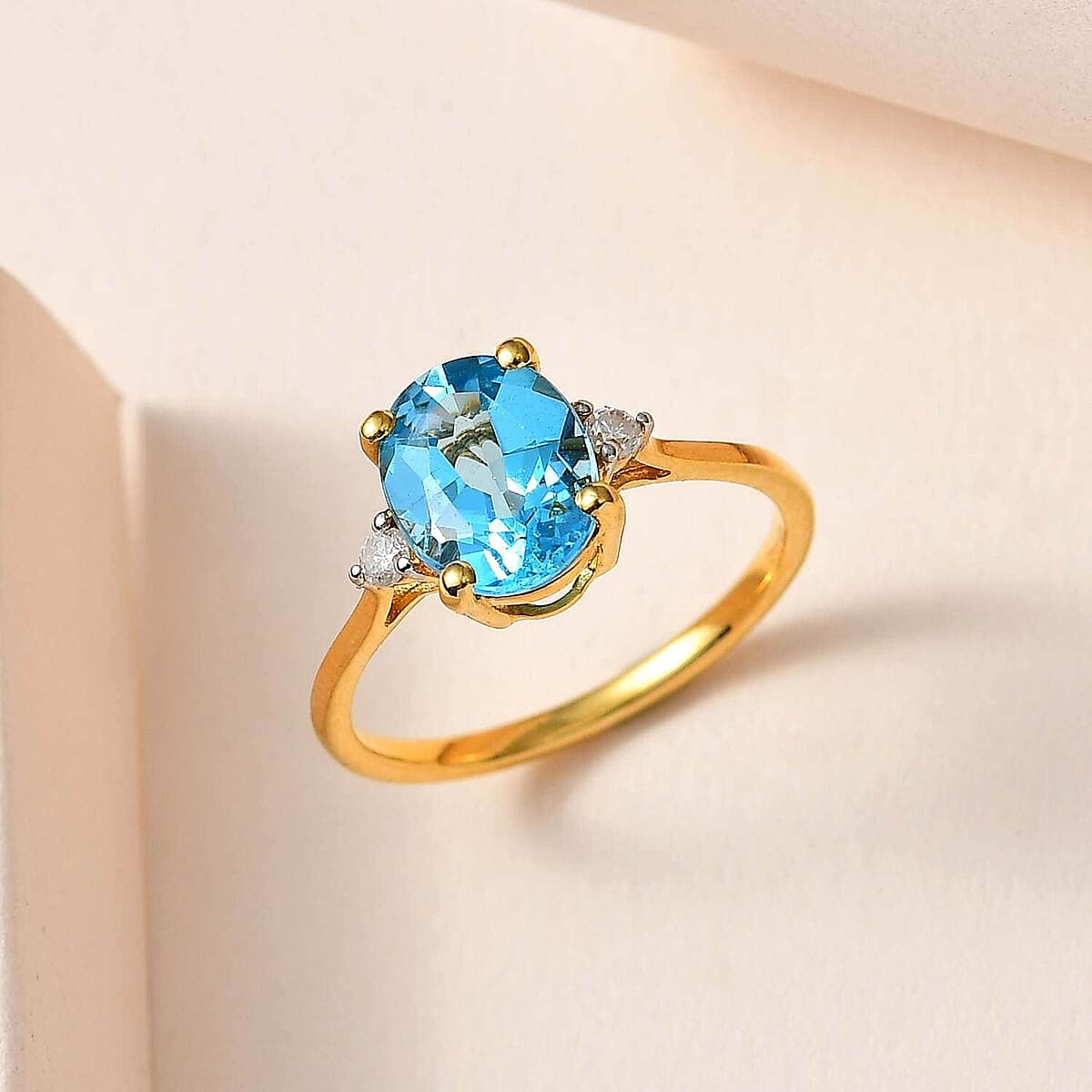 Swiss Blue Topaz and Diamond Ring in Vermeil Yellow Gold Over Sterling Silver (Size 7.0) 2.30 ctw image number 1