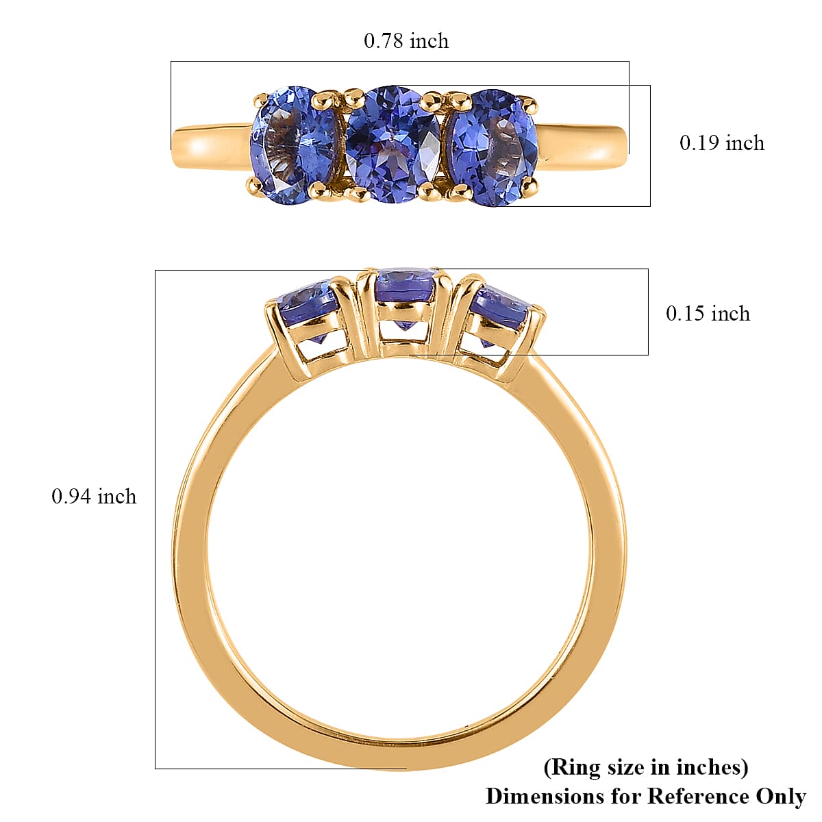 AAA Tanzanite 3 Stone Ring in Vermeil Yellow Gold Over Sterling Silver 1.00 ctw image number 5