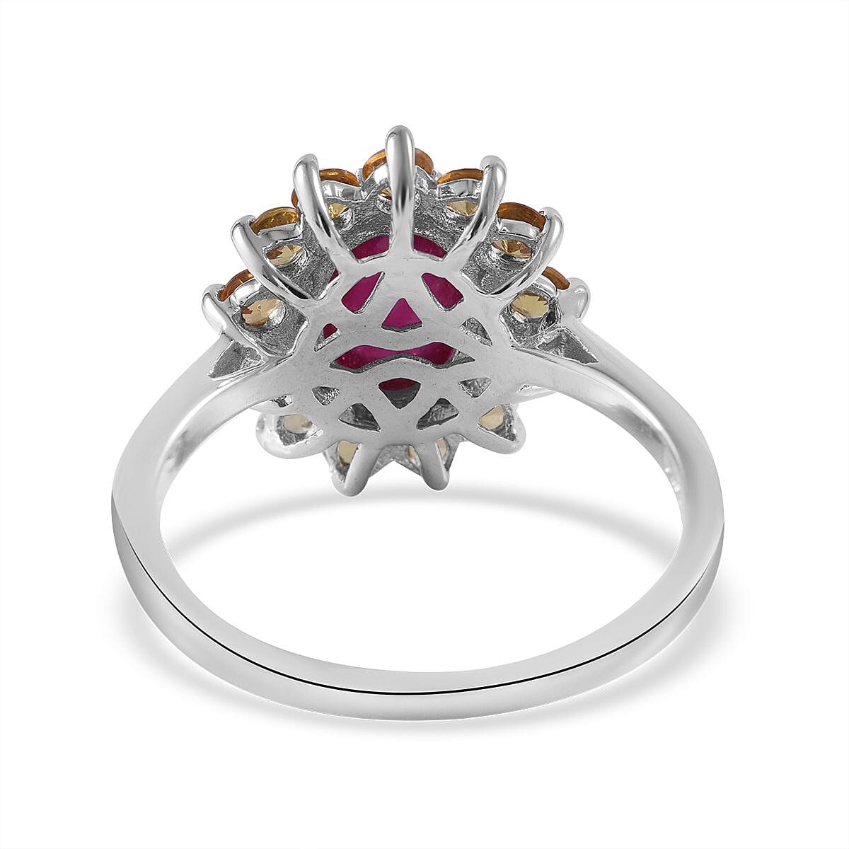 African Ruby and Yellow Sapphire Sunburst Ring in Platinum Over Sterling Silver 4.10 ctw image number 3