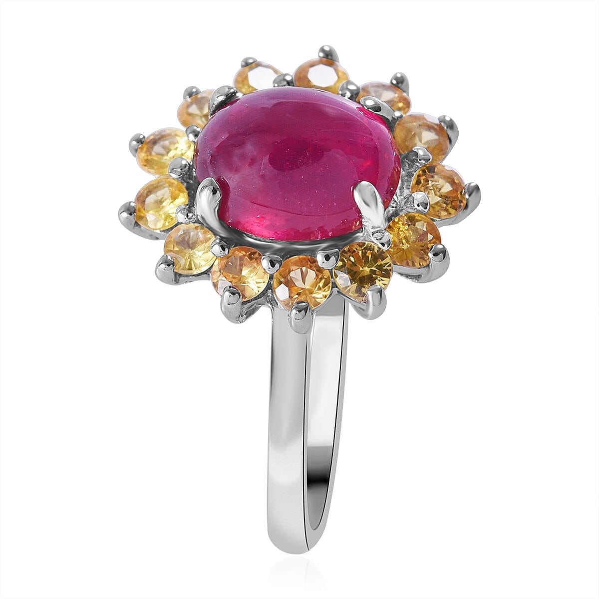 African Ruby and Yellow Sapphire Sunburst Ring in Platinum Over Sterling Silver (Size 8.0) 4.10 ctw image number 2