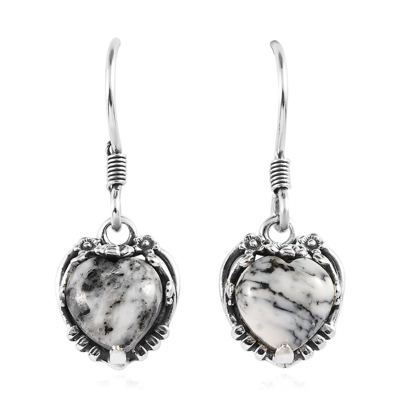 Artisan Crafted White Buffalo Heart Dangle Earrings in Sterling Silver 5.40 ctw