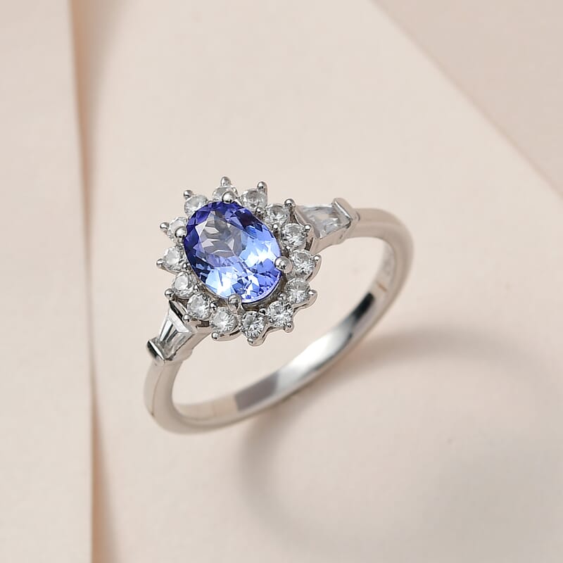 Tanzanite and White Zircon Ring in Platinum Over Sterling Silver (Size 6.0) 1.40 ctw