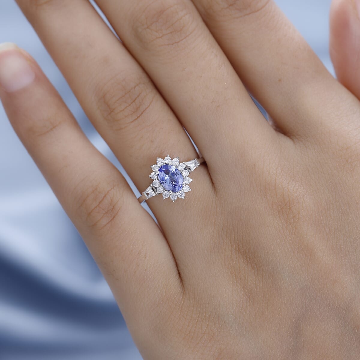 Tanzanite and White Zircon Ring in Platinum Over Sterling Silver 1.40 ctw image number 2