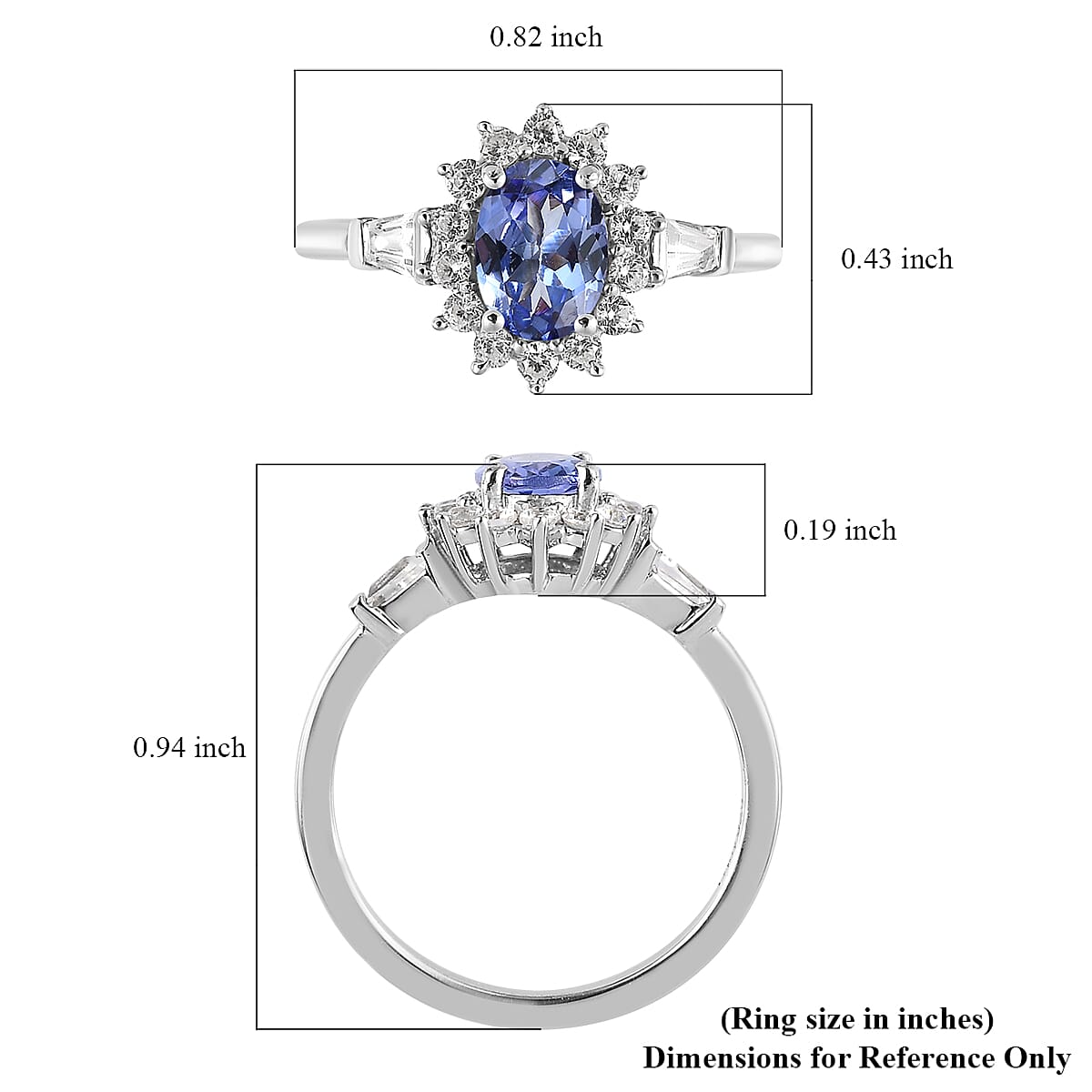 Tanzanite and White Zircon Ring in Platinum Over Sterling Silver (Size 6.0) 1.40 ctw