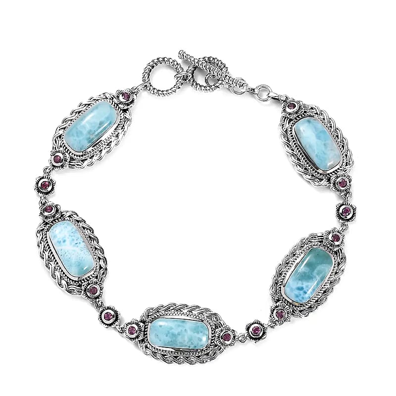 Artisan Crafted Larimar and Orissa Rhodolite Garnet Bracelet in Sterling Silver (8.00 In) 21.60 ctw
