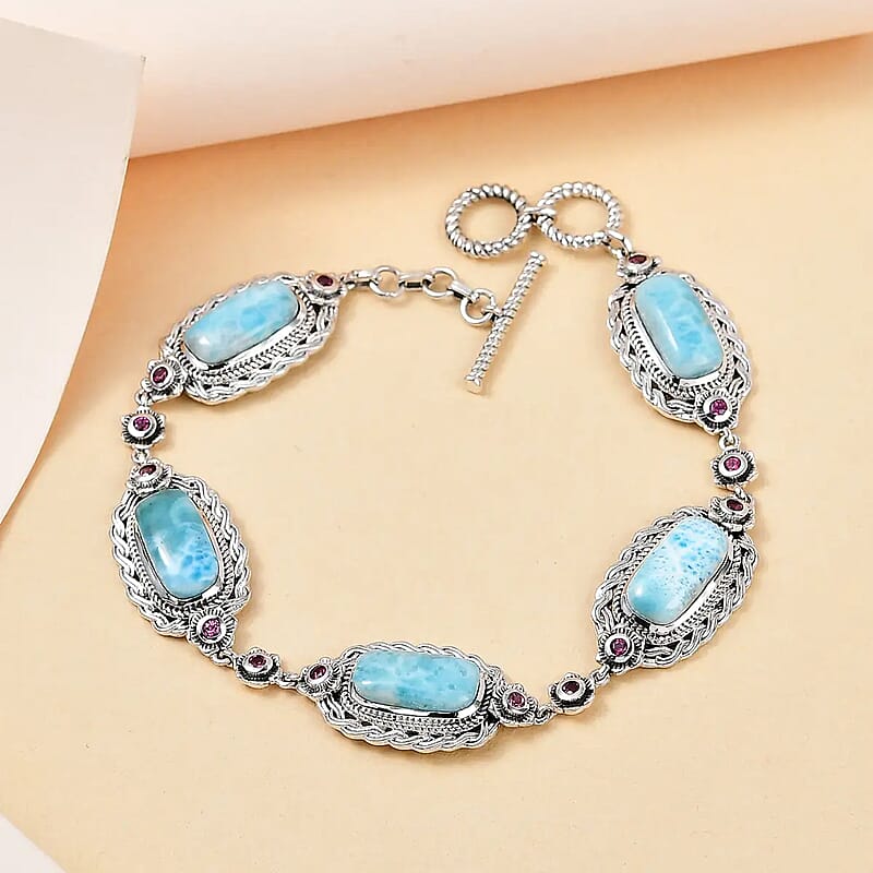 Artisan Crafted Larimar and Orissa Rhodolite Garnet Bracelet in Sterling Silver (8.00 In) 21.60 ctw