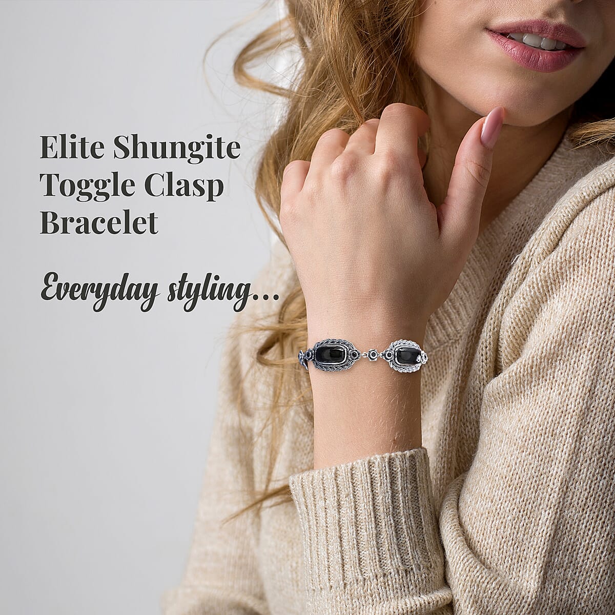 Artisan Crafted Elite Shungite and Thai Black Spinel Toggle Clasp Bracelet in Sterling Silver (8.00 In) 11.70 ctw image number 2