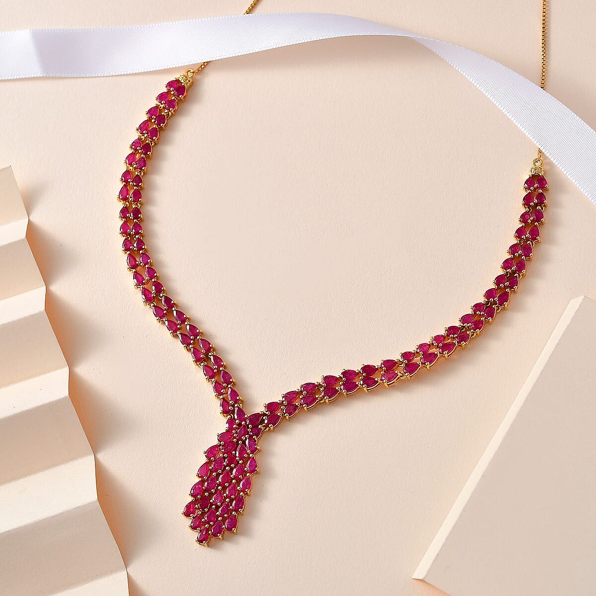 AAA Niassa Ruby (FF) V-shape Waterfall Necklace 18 Inches in Vermeil Yellow Gold Over Sterling Silver 20.90 ctw image number 1