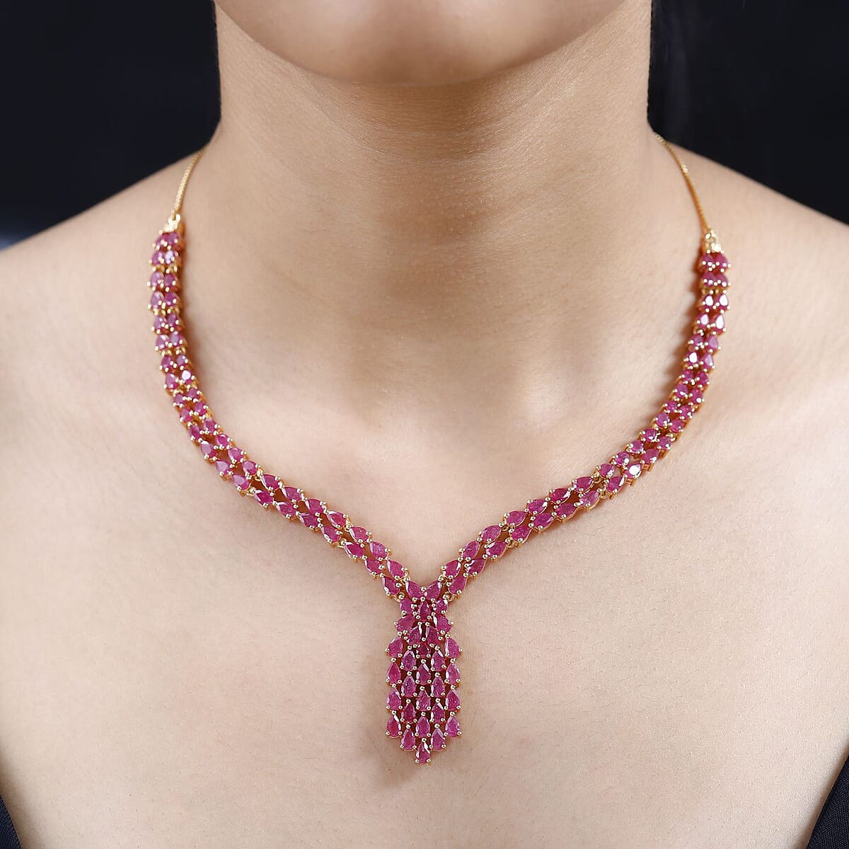AAA Niassa Ruby (FF) V-shape Waterfall Necklace 18 Inches in Vermeil Yellow Gold Over Sterling Silver 20.90 ctw image number 2
