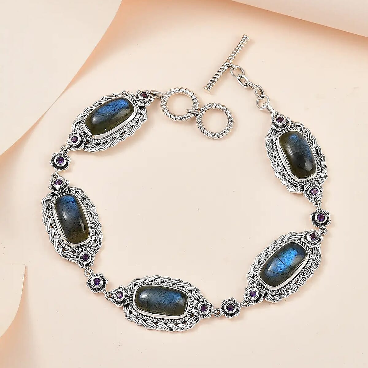 D'Joy Artisan Crafted Malagasy Labradorite and African Amethyst Toggle Clasp Bracelet in Sterling Silver (8.00 In) 26.00 ctw image number 1