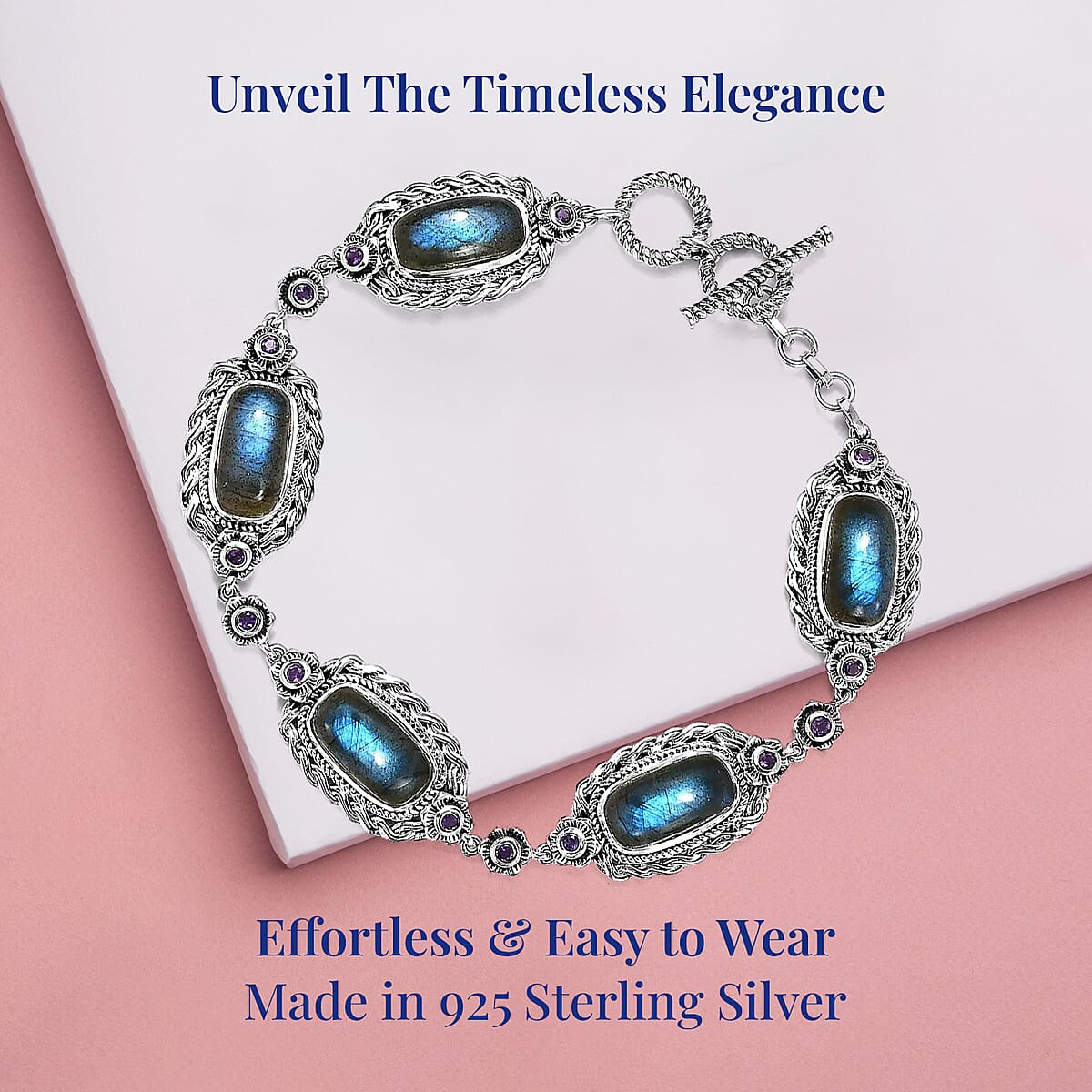 D'Joy Artisan Crafted Malagasy Labradorite and African Amethyst Toggle Clasp Bracelet in Sterling Silver (8.00 In) 26.00 ctw image number 3